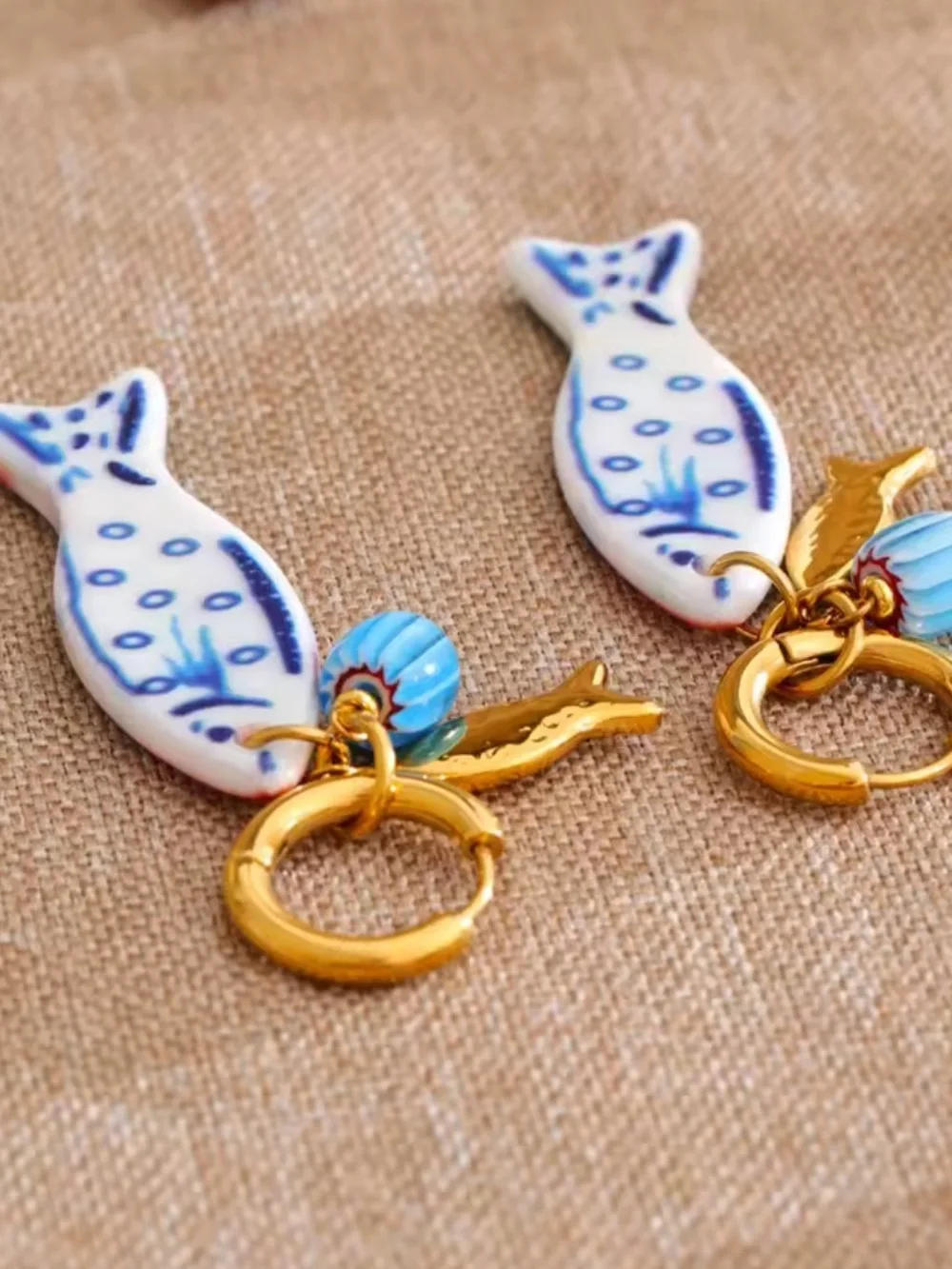 Amalfi Gold Fish Charm Blue Multicolor Ceramic Earrings